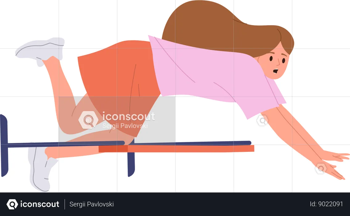 Young teenager girl falling down while running race with obstacles  Illustration