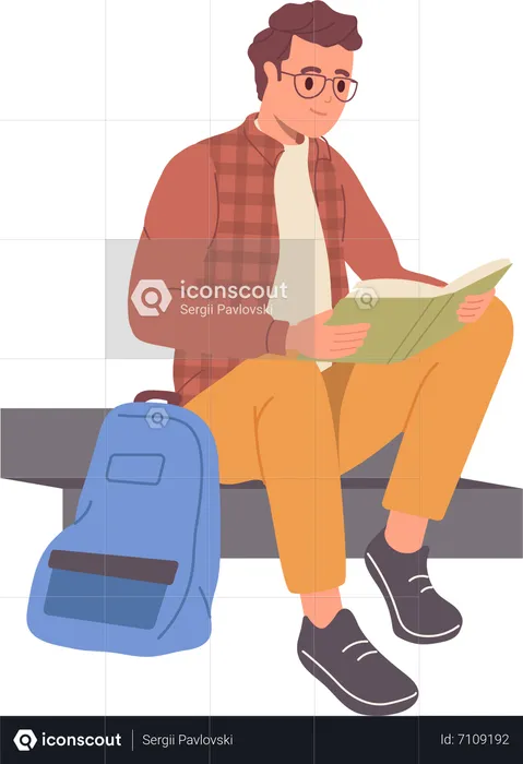 Young teenager male student character reading book during time break  Illustration