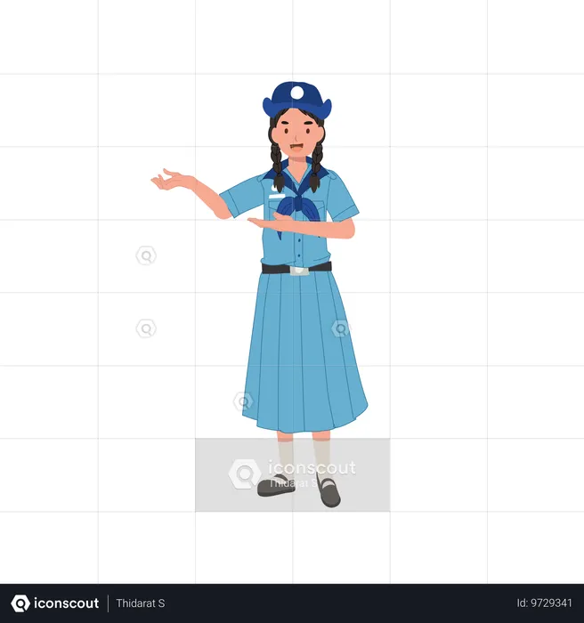 Young thai girl scout uniform giving advice presenting gesture  Illustration