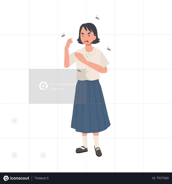 Young Thai Student girl in Uniform is in Outdoors and Surrounded by Mosquitoes Preventing Zika Virus Spread  Illustration