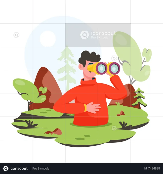 Young tourist looking forest in binoculars  Illustration