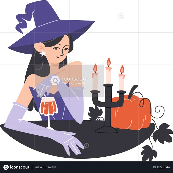 Young witch in hat drinking alcoholic cocktail by candlelight  Illustration