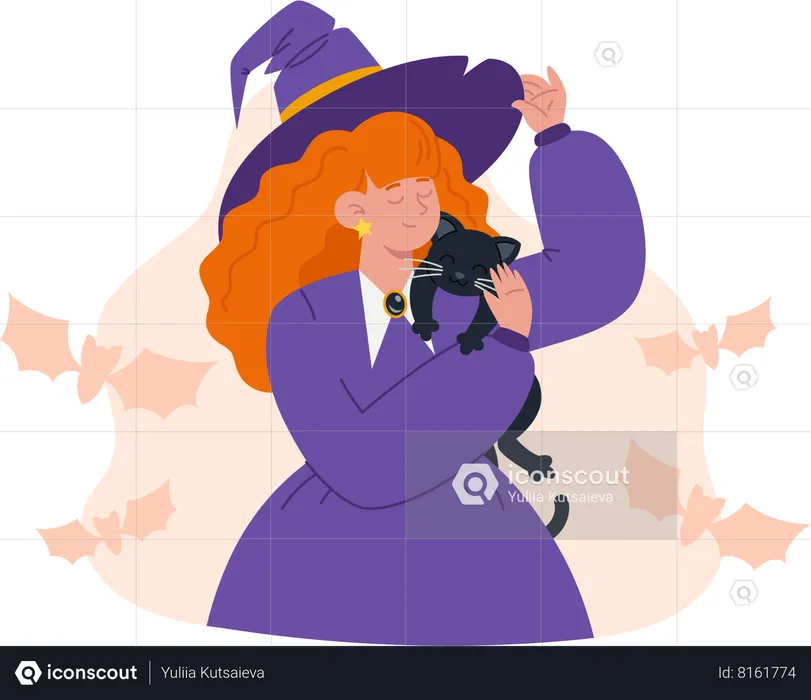 Young witch in purple dress with red hair hugs  black cat  Illustration