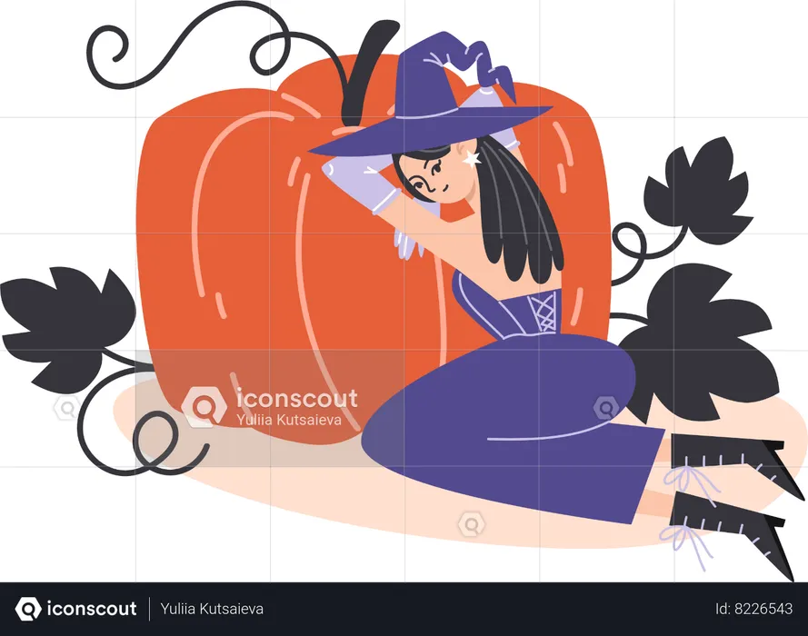 Young witch sitting on floor and hugging large pumpkin  Illustration