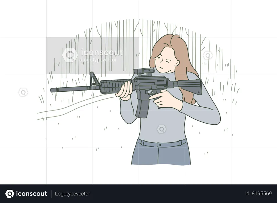 Young woman aiming and looking through sight automatic rifle at shooting range  Illustration