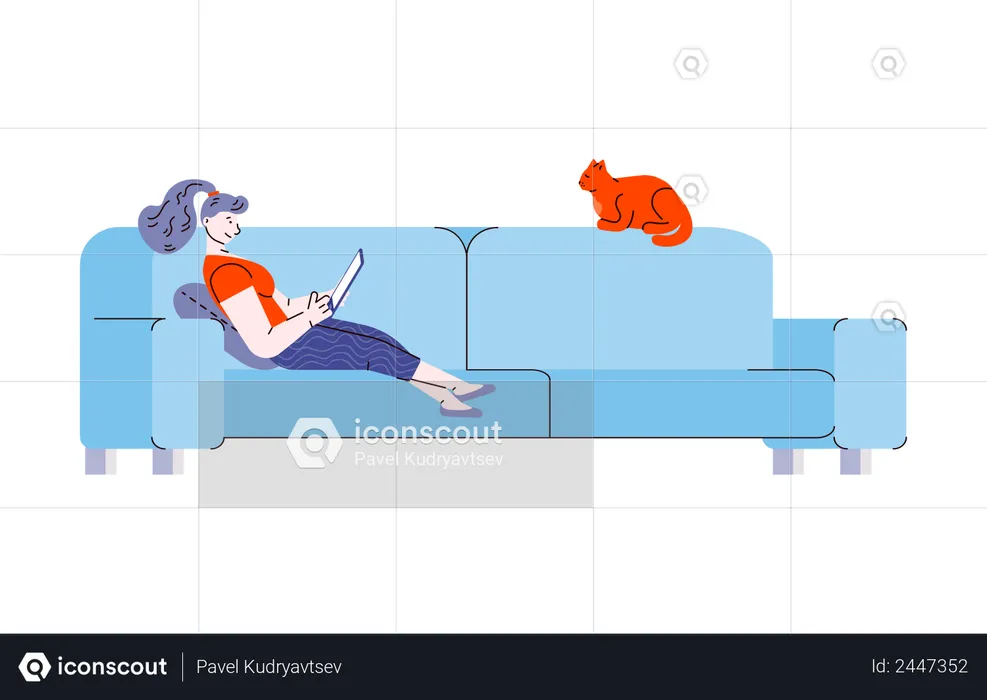 Young woman and cat relaxing on living room sofa  Illustration