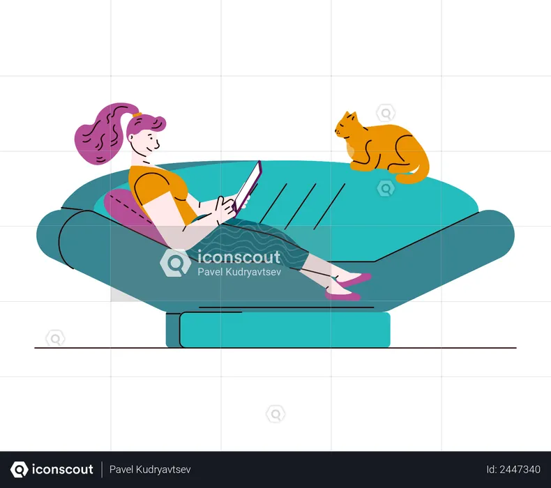 Young woman and cat relaxing on living room sofa  Illustration