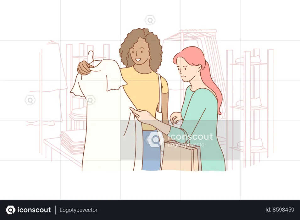Young woman and friends choosing clothes at shop  Illustration