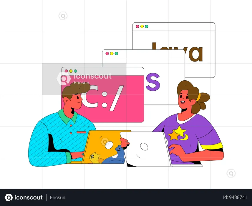 Young woman and man doing coding  Illustration
