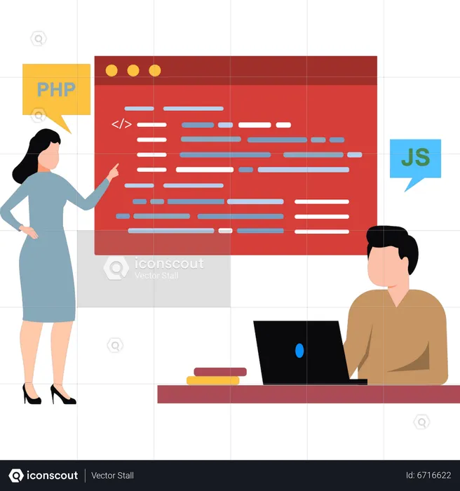 Young woman and man doing coding  Illustration