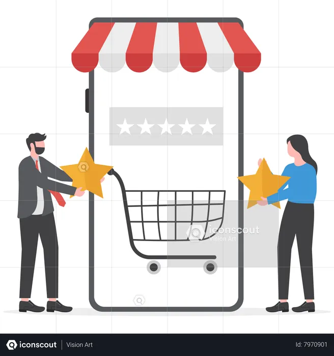 Young woman and man holding stars rating for business vote  Illustration
