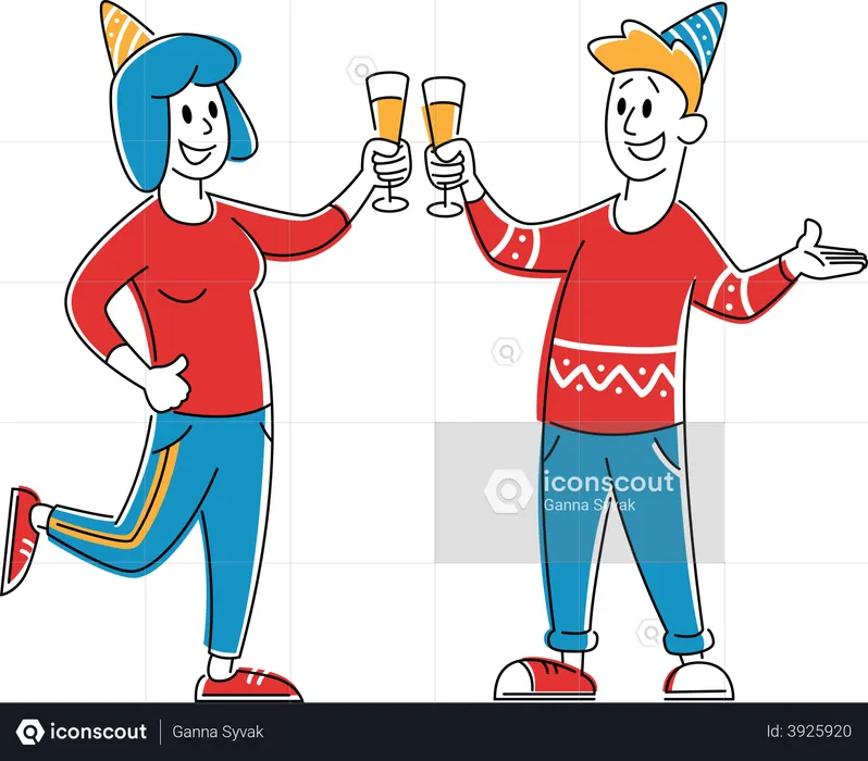 Young Woman and Man in party Hats Clinking Glasses with Alcohol Drink Have Fun at Disco Party in Night Club  Illustration