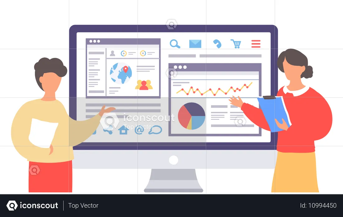 Young woman and man showing global analysis  Illustration