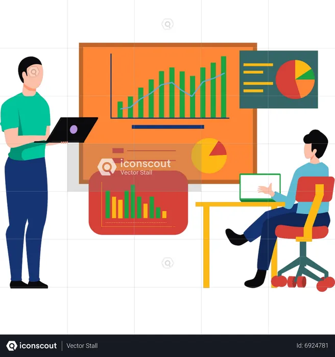 Young woman and man working on analysis chart  Illustration