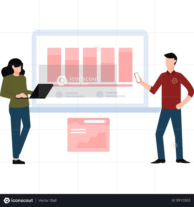 Young woman and man working on business chart  Illustration
