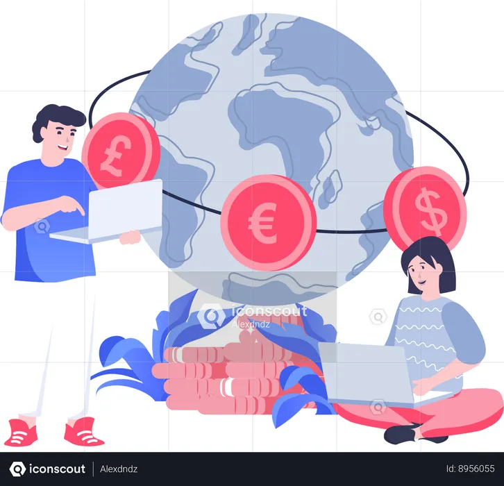 Young woman and man working on global economy  Illustration