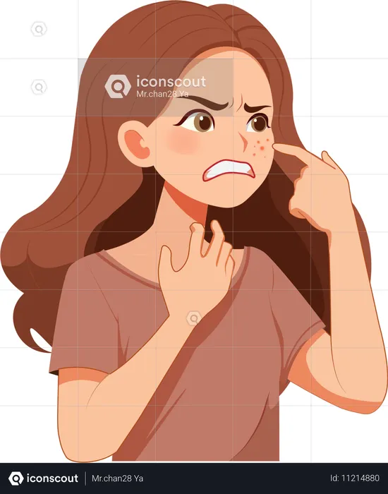 Young woman angry at pimples on her face  Illustration