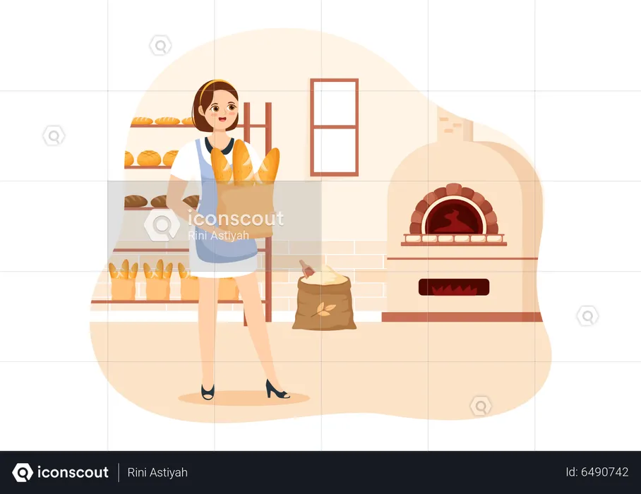 Young woman baker holding bread bag  Illustration