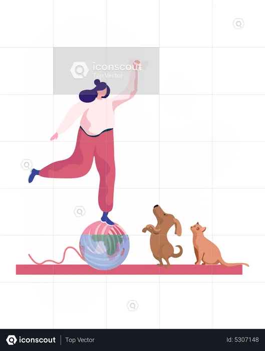 Young woman balancing on ball and training domestic animals cat and dog with bone  Illustration