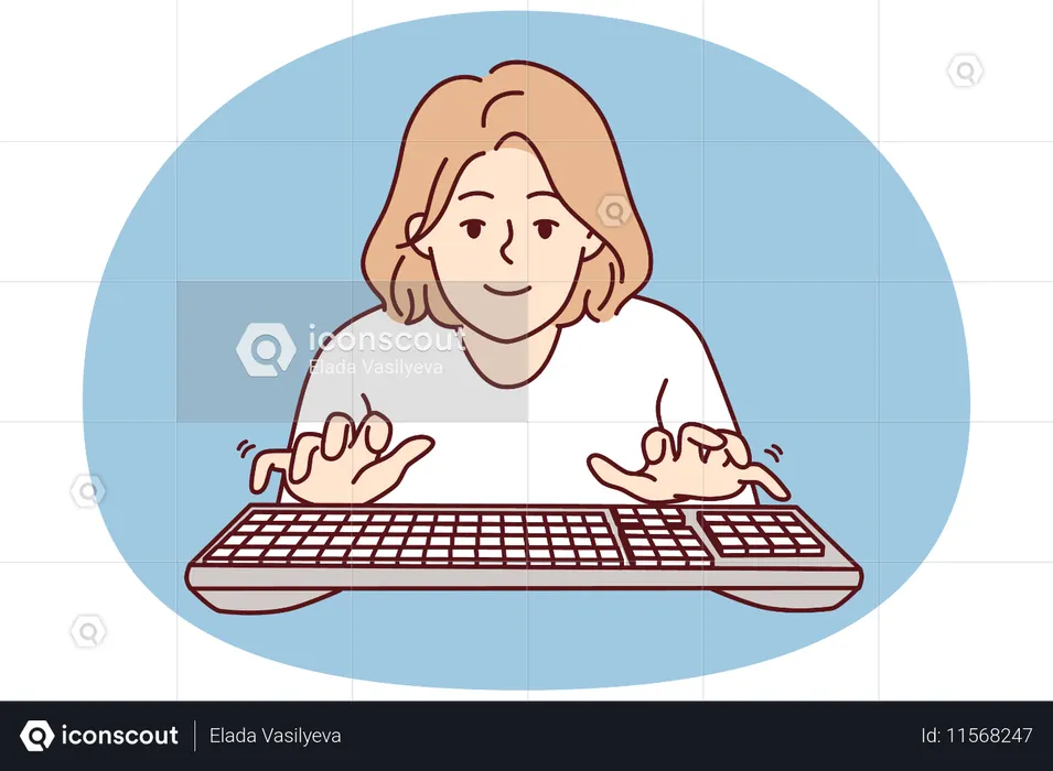 Young woman blogger typing keyboard looks at screen while typing e-mail message  Illustration