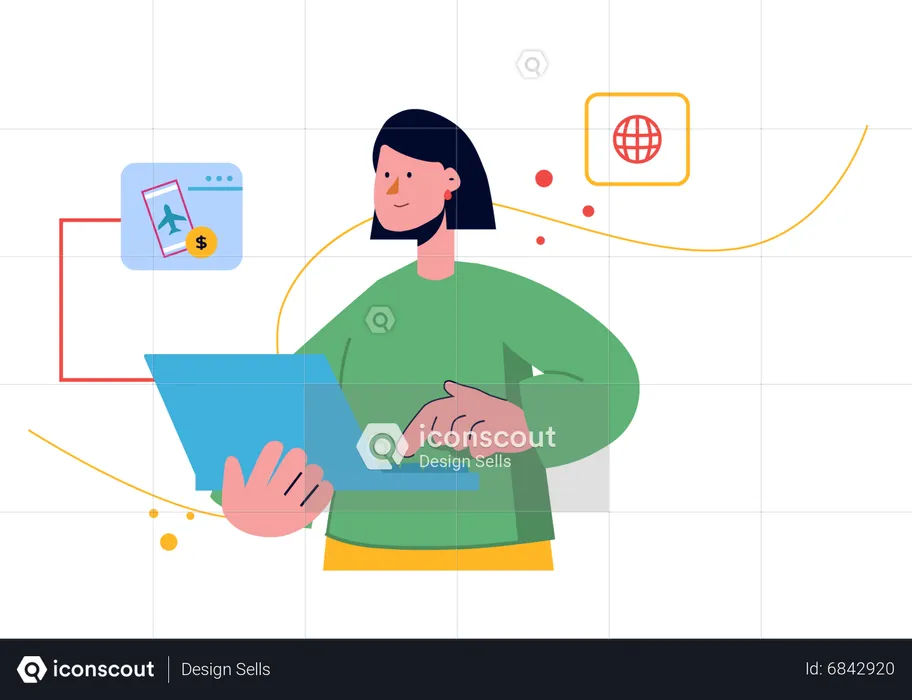 Young woman booking flight ticket on laptop  Illustration