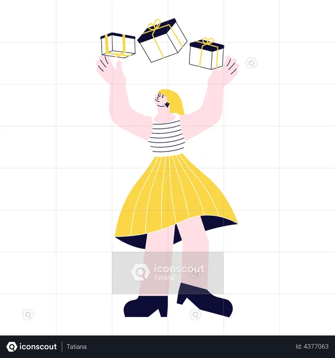 Young woman carrying a huge stack of gifts  Illustration