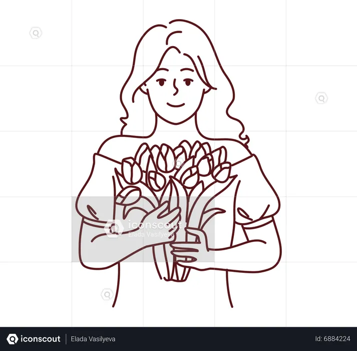 Young woman carrying bouquet of flowers  Illustration