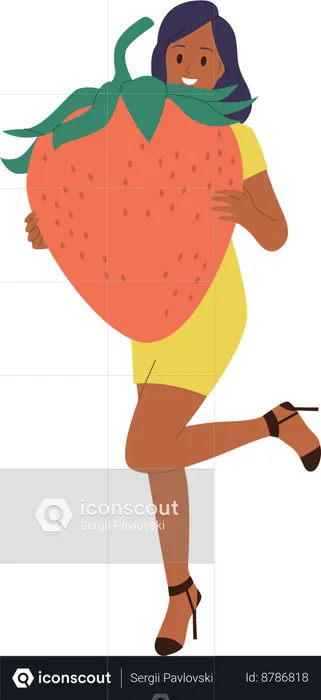 Young woman carrying giant strawberry  Illustration