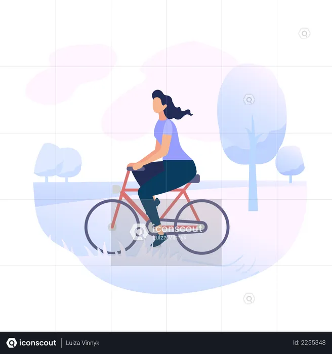 Young Woman Character Riding Bicycle in City Park  Illustration
