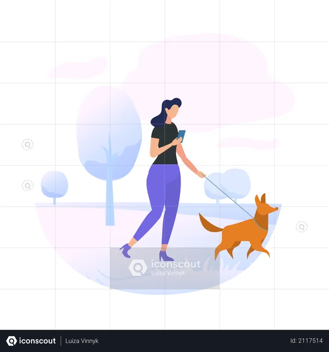 Young Woman Character Walking with Dog in Park  Illustration