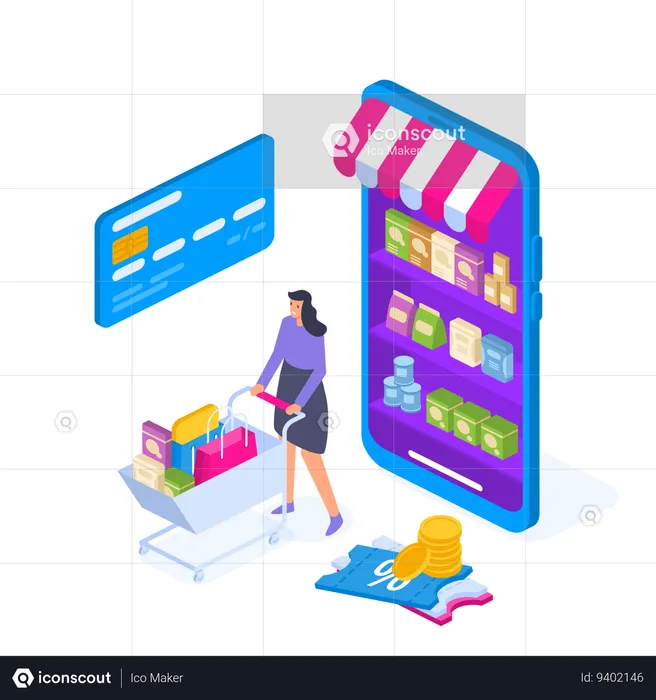 Young Woman Character With Shopping Cart  Illustration
