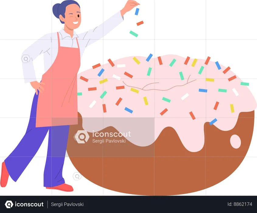 Young woman chef decorating donut  Illustration