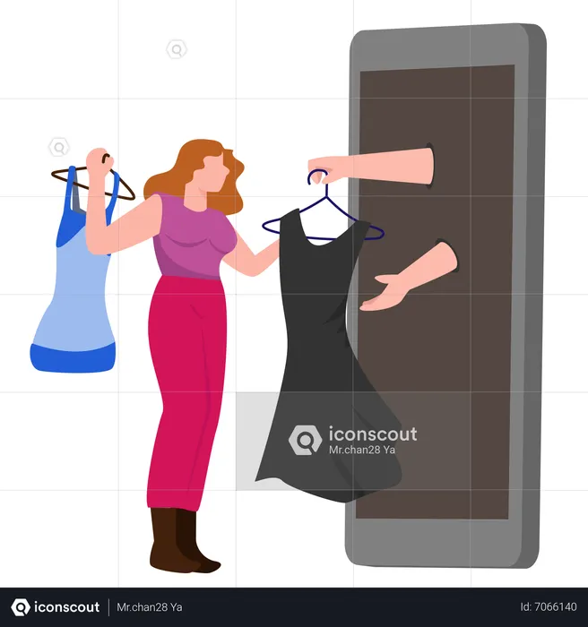 Young woman choosing a dress in a store from a smartphone  Illustration