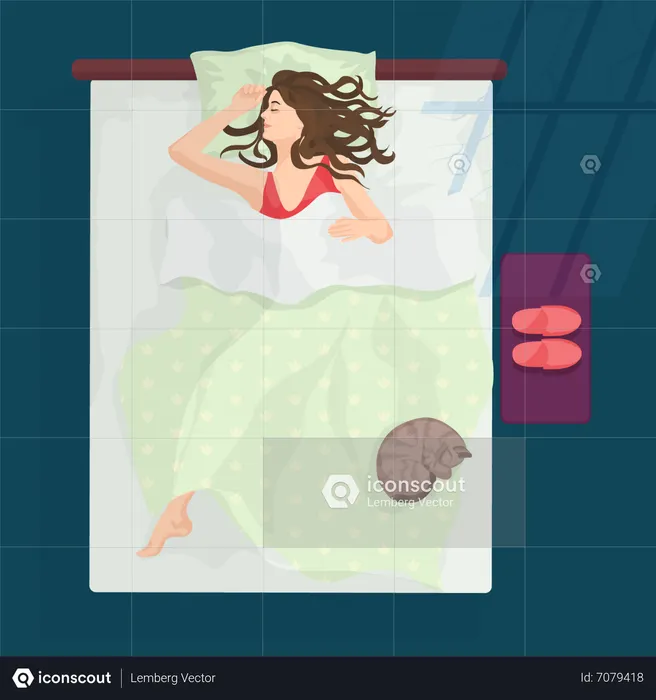 眠っている間に縞模様の枕を抱きしめる若い女性  イラスト