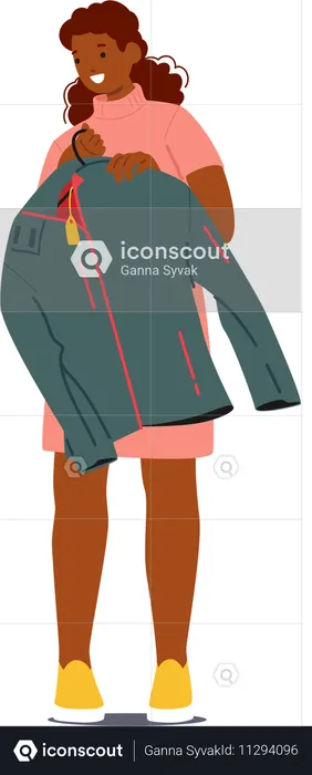 Young woman customer holding new sports jacket on hangers ready to pay for purchases  Illustration