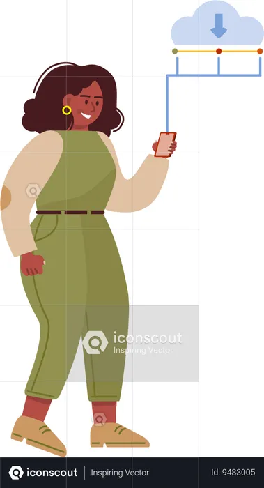 Young woman doing cloud downloading data in mobile  Illustration
