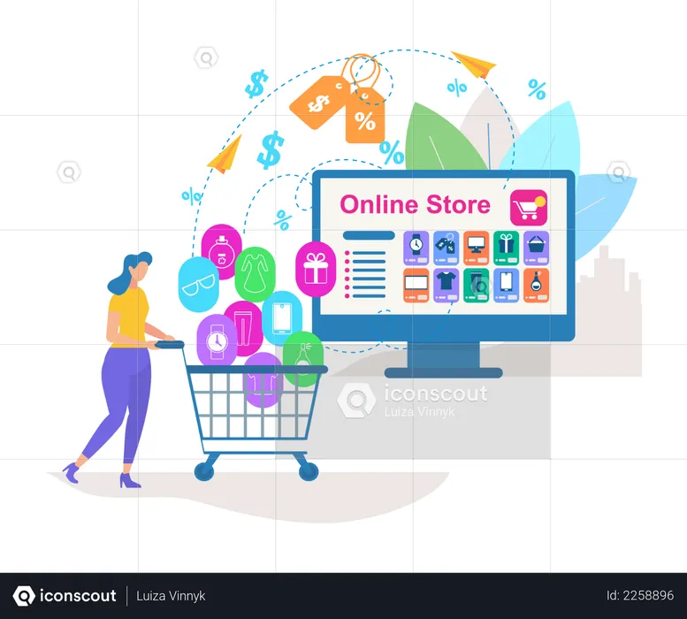 Young Woman Drive Shopping Cart with Purchases  Illustration