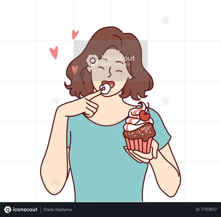 Young woman eating cupcake  Illustration