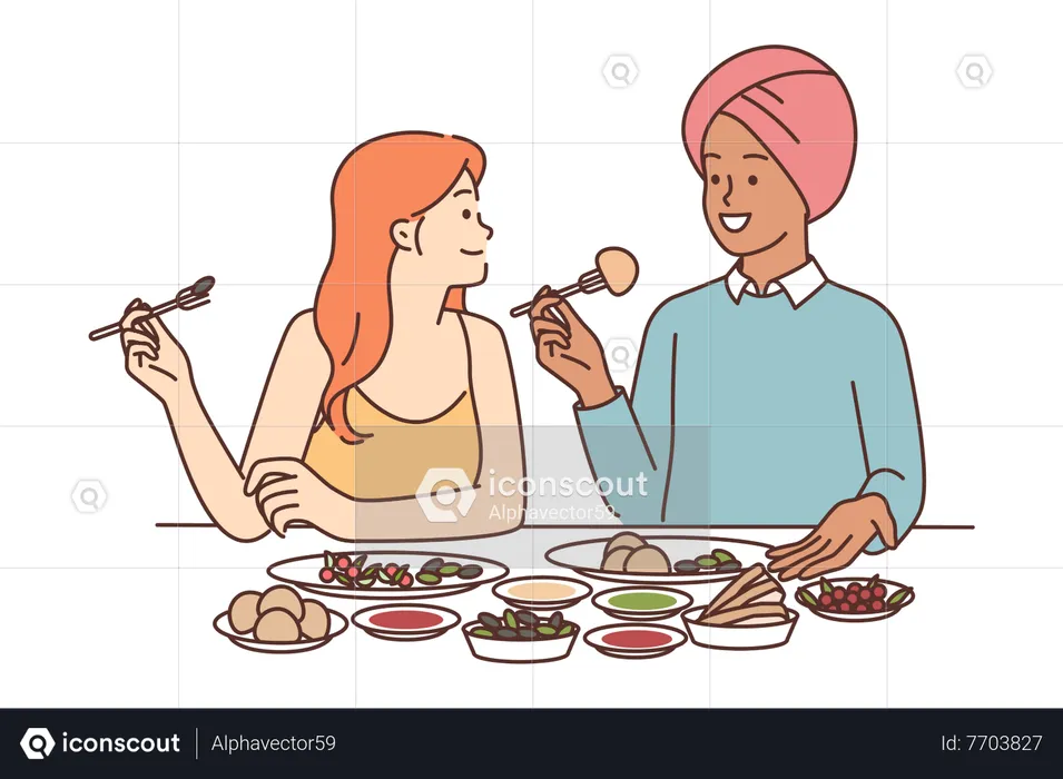 Young woman eating dinner  Illustration