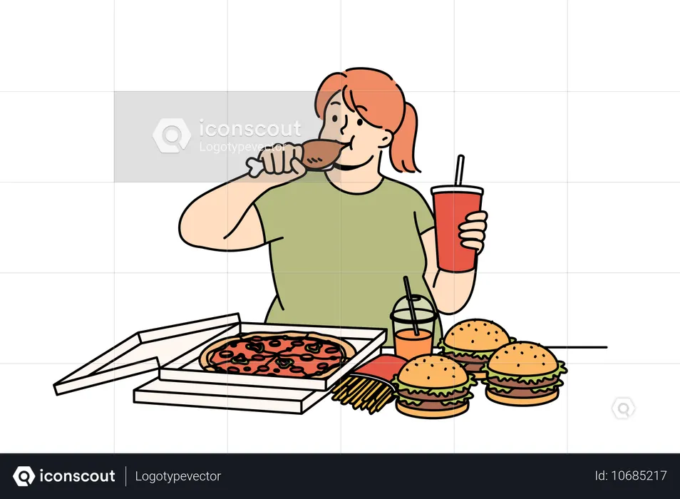 Young woman eating fast food  Illustration