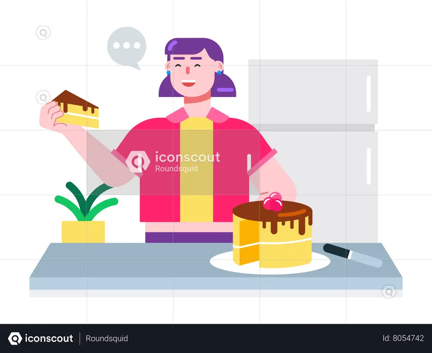 Young woman eating slice of cake near the refrigerator.  Illustration