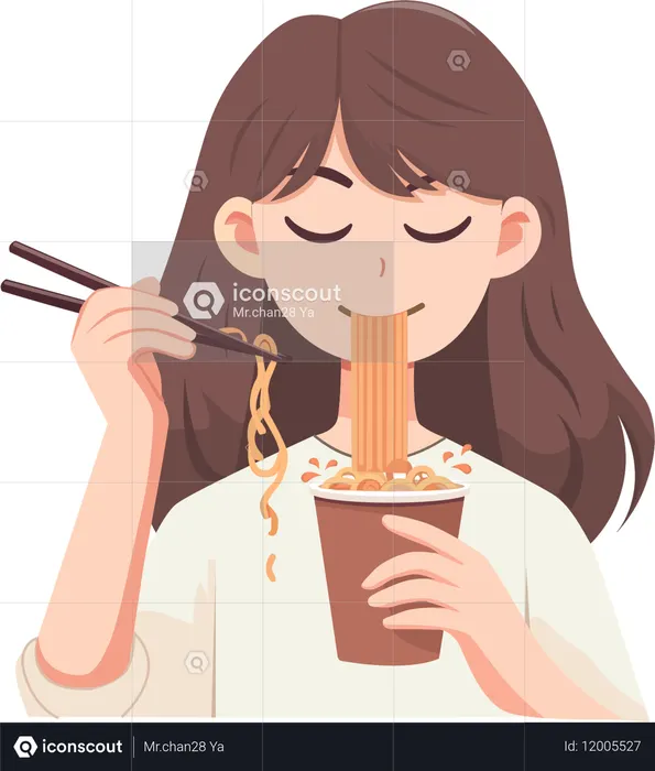カップ麺を食べる若い女性  イラスト