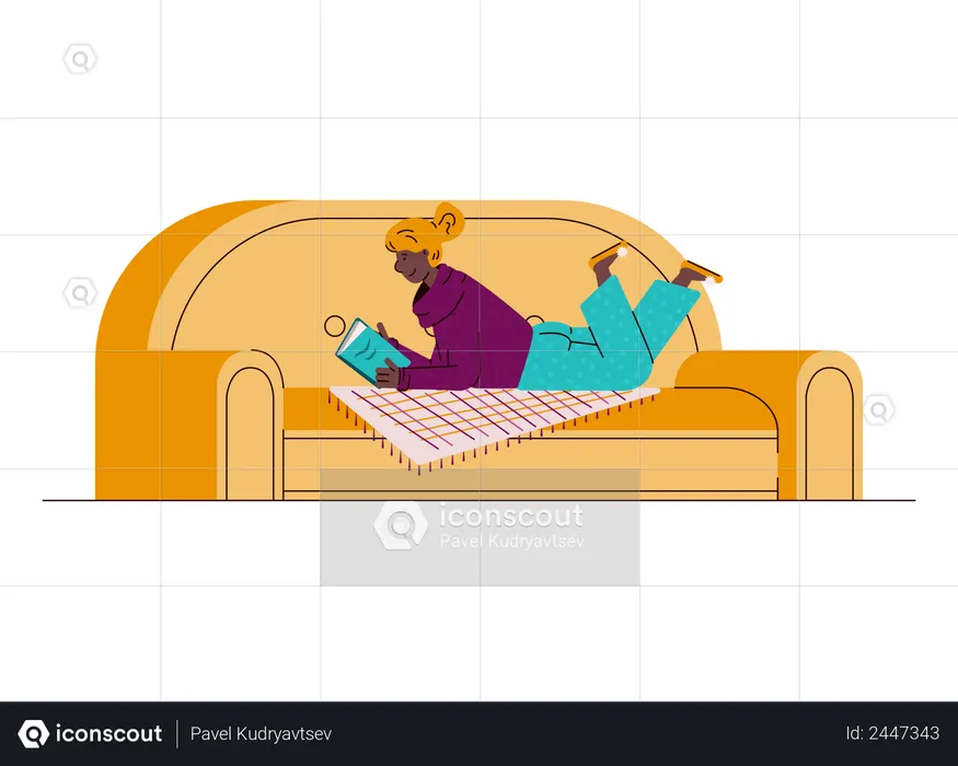 Young woman enjoying vacant time and reading book on sofa  Illustration