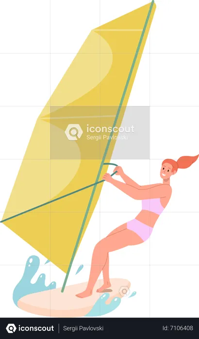 Young woman enjoying windsurfing engaged in water sport  Illustration
