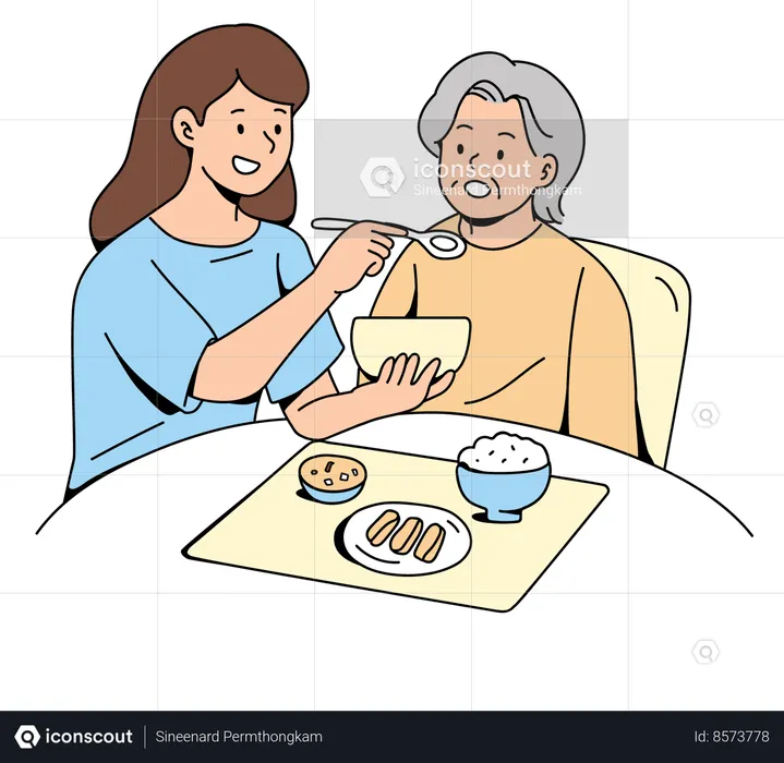 Young Woman Feeding an Elderly Woman  Illustration