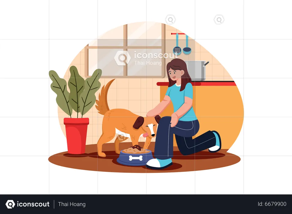 Young Woman Feeding Her Dog  Illustration