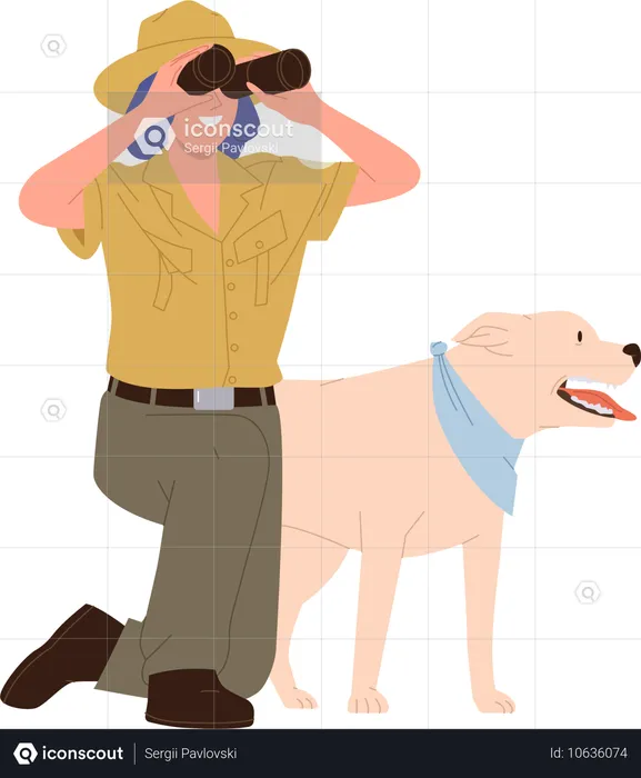 Young woman forest ranger looking through binocular making observation with dog  Illustration