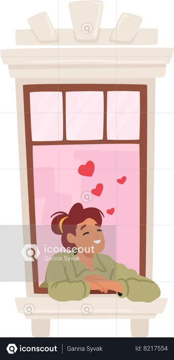 Young woman gazes longingly out of her window with love  Illustration