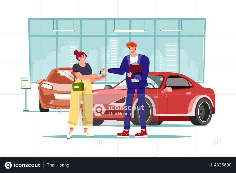 Young woman getting key to a new car  Illustration