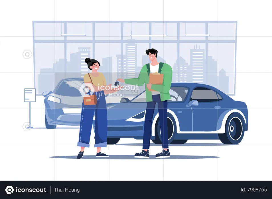 Young woman getting key to a new car  Illustration